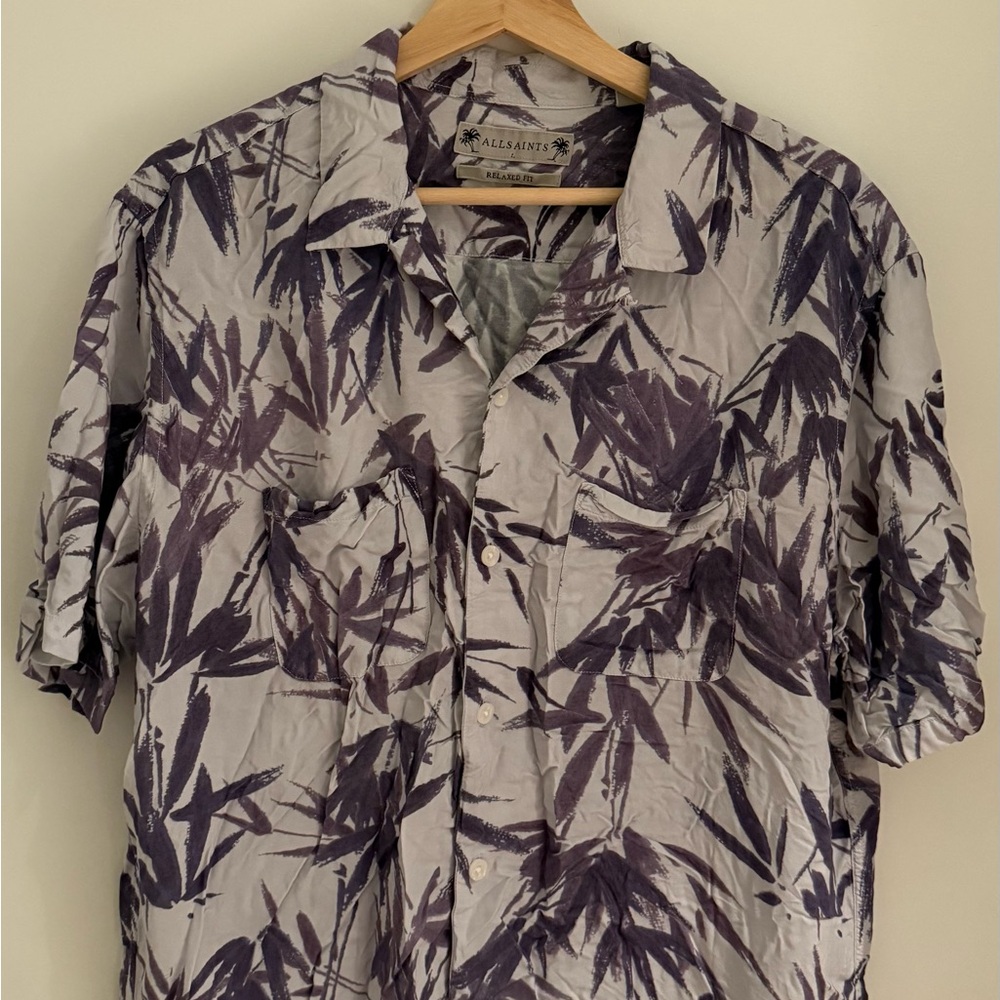 All Saints Bambusa Bamboo Leaf Off White Casual Button Down Shirt